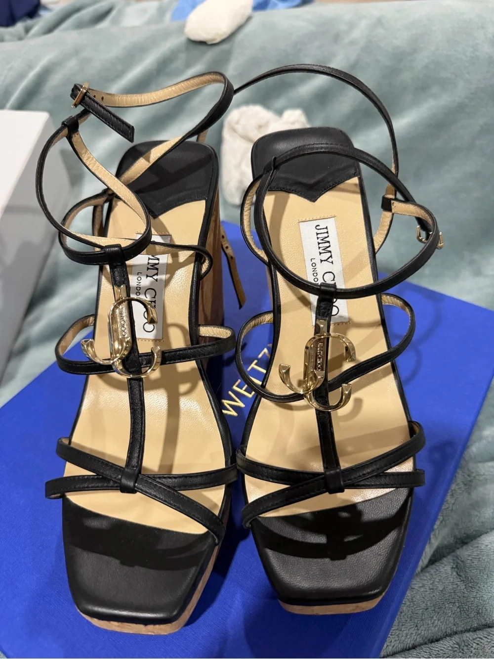 Jimmy Choo Black Leather Strappy Cork Wedge Sandals with Gold Logo